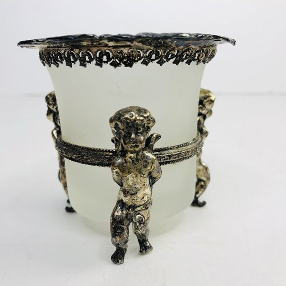 VTG Ormolu Ornate Cherubs Holding Opaline Bowl Small Flower Vase Candle Holder - Picture 10 of 12
